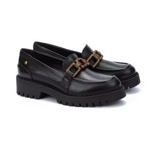 Pikolinos black Aviles leather gold braided buckle lug sole loafers